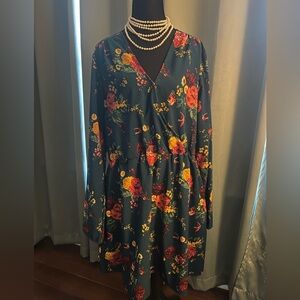 Truth Green Teal Floral Wrap Long Sleeve Knee Length Dress XL